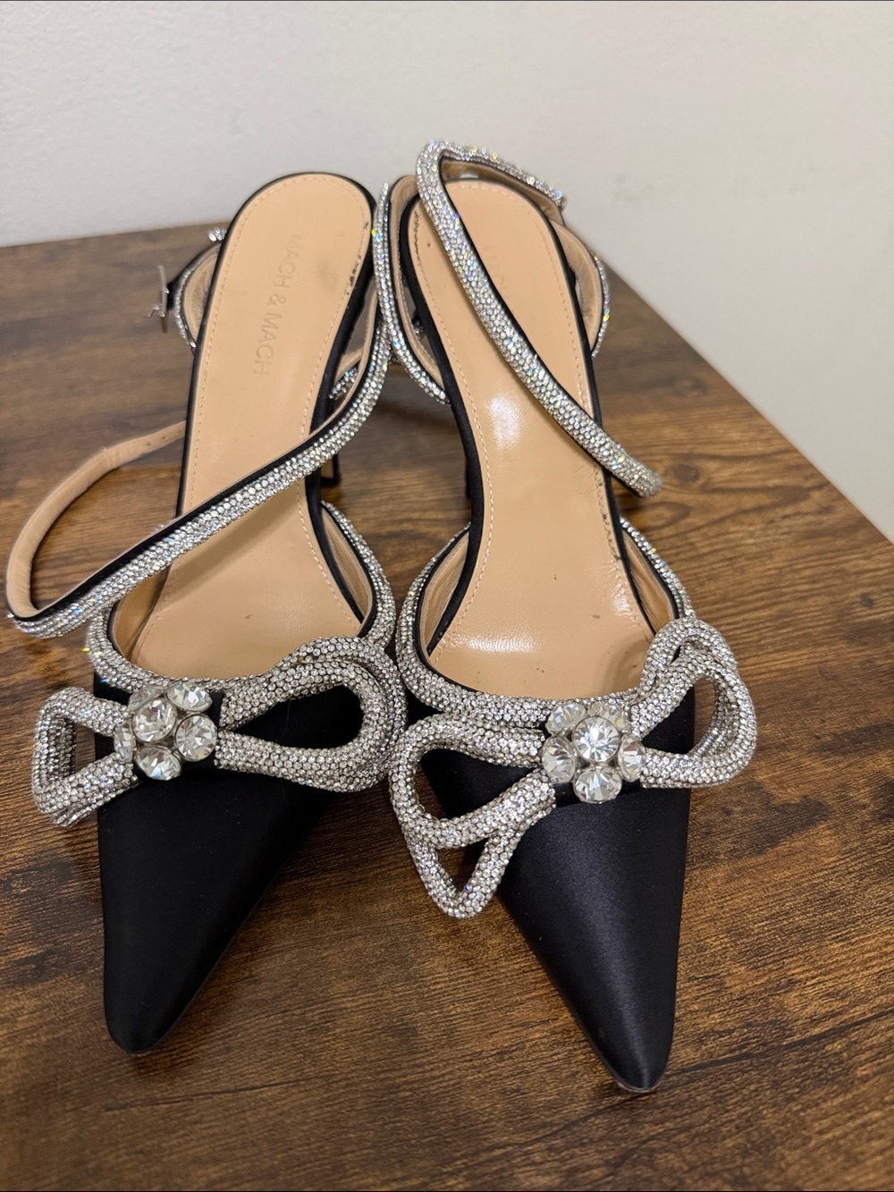 MACH & MACH Black Satin Pointed-Toe Slingback Heels with Crystal Bow